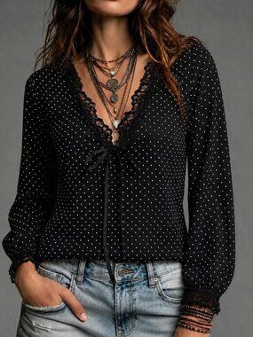 Bohemian Polka Dot Chiffon Blouse – Scalloped Lace V-Neck Cuffed Sleeve